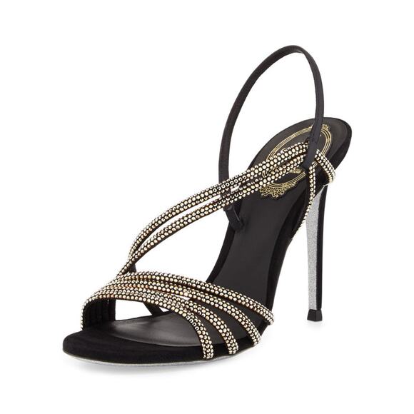 Rene Caovilla Swarovski Crystal Asymmetric Satin Slingback Heels Black EU 40.5 - Picture 1 of 7